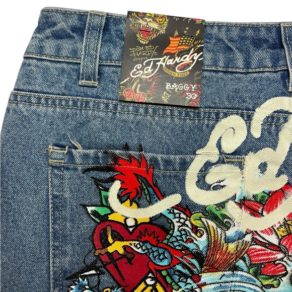 NEW Ed Hardy Tattoo Koi Baggy Jeans Y2K Paint Splatter Multicolor Womens Size 30 - Picture 13 of 16